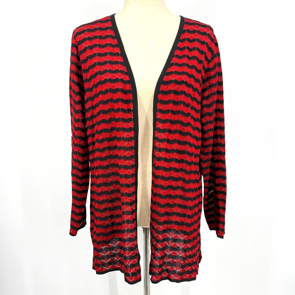 Misook Womens Open Cardigan M Modern Office Knit Chevron Stripe Basic‎ Red Black